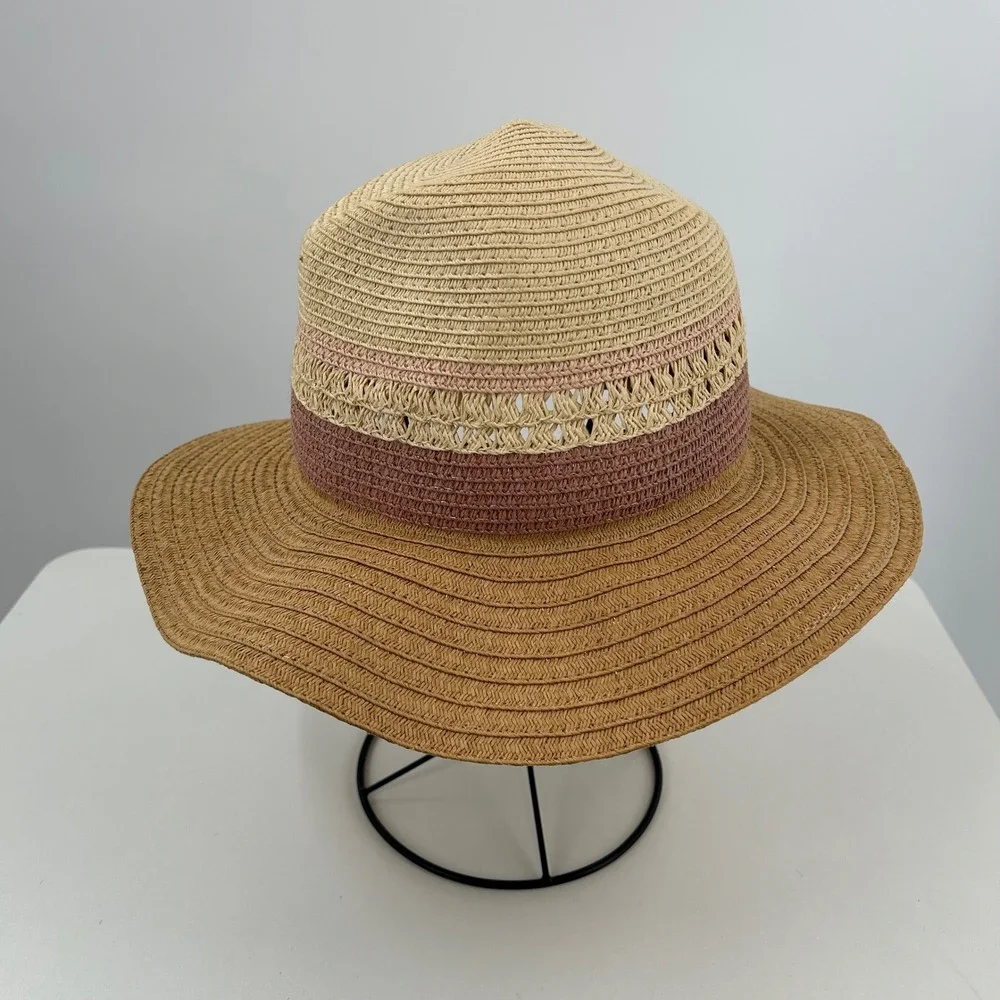 Boho Women Straw Sun Hat Colorblock Pink Tan Woven Wide Brim Floppy Summer Beach